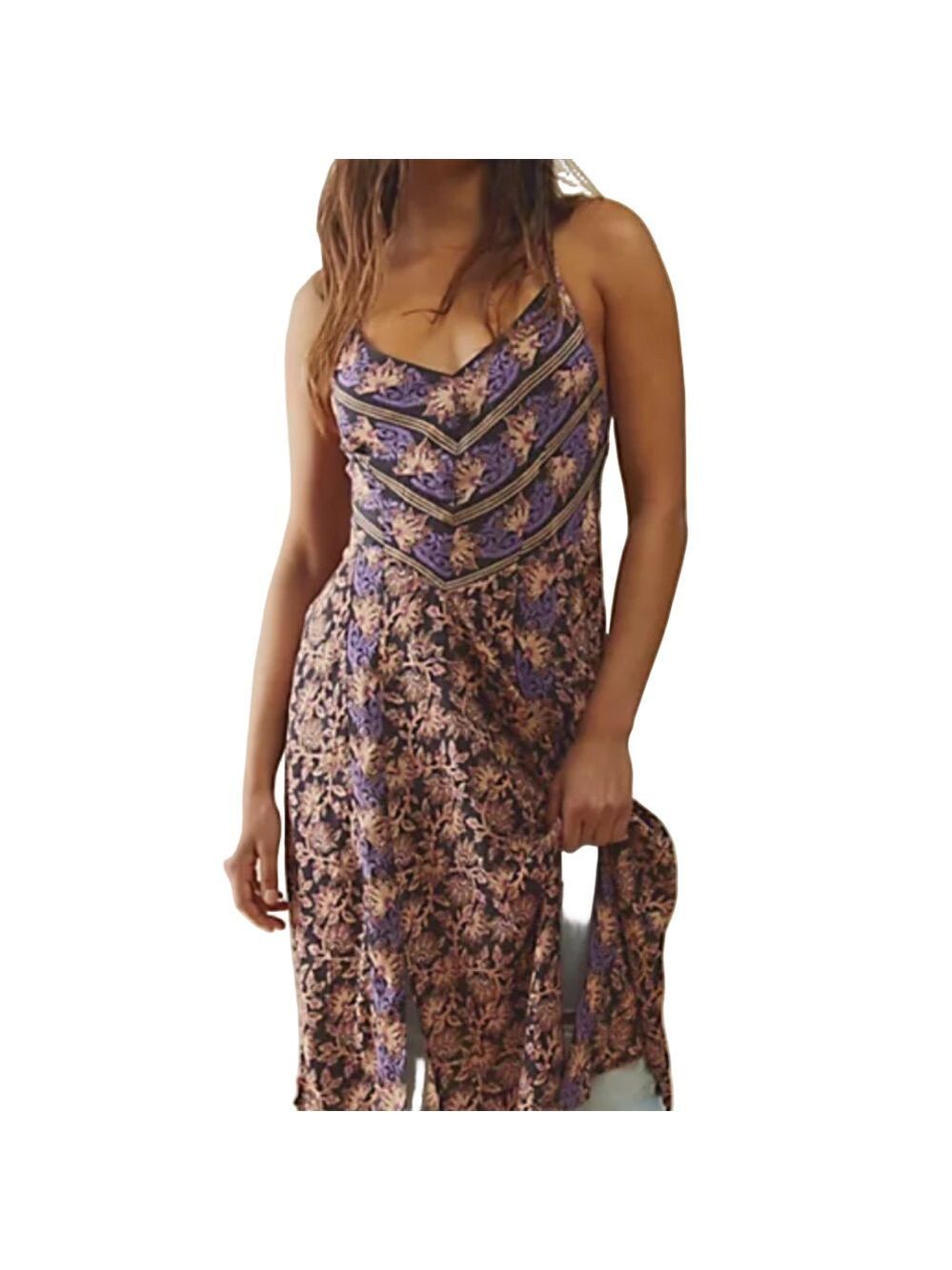 Free People XS Floral Maxi Top Criss Cross Layering Black purple floral print